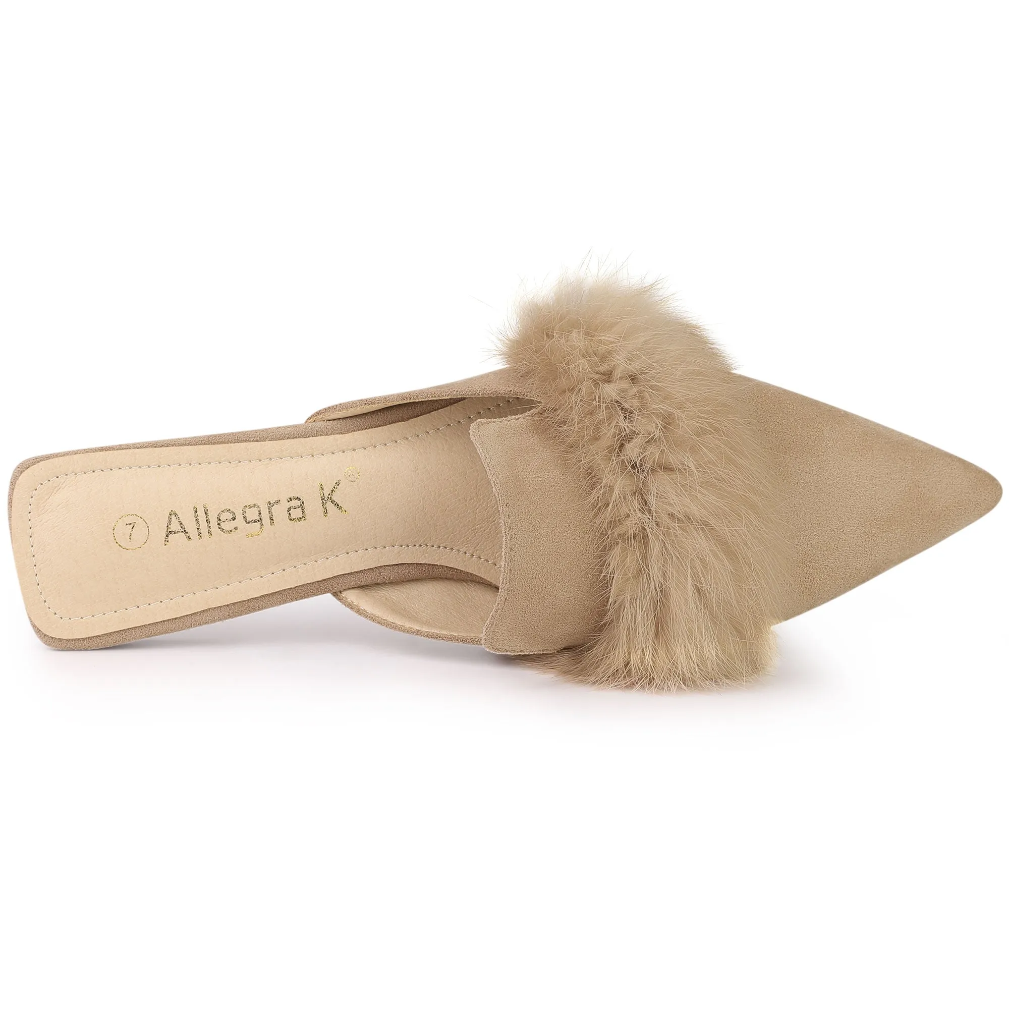 Women's Pointed Toe Faux Fur Slip on Flat Slide Mules