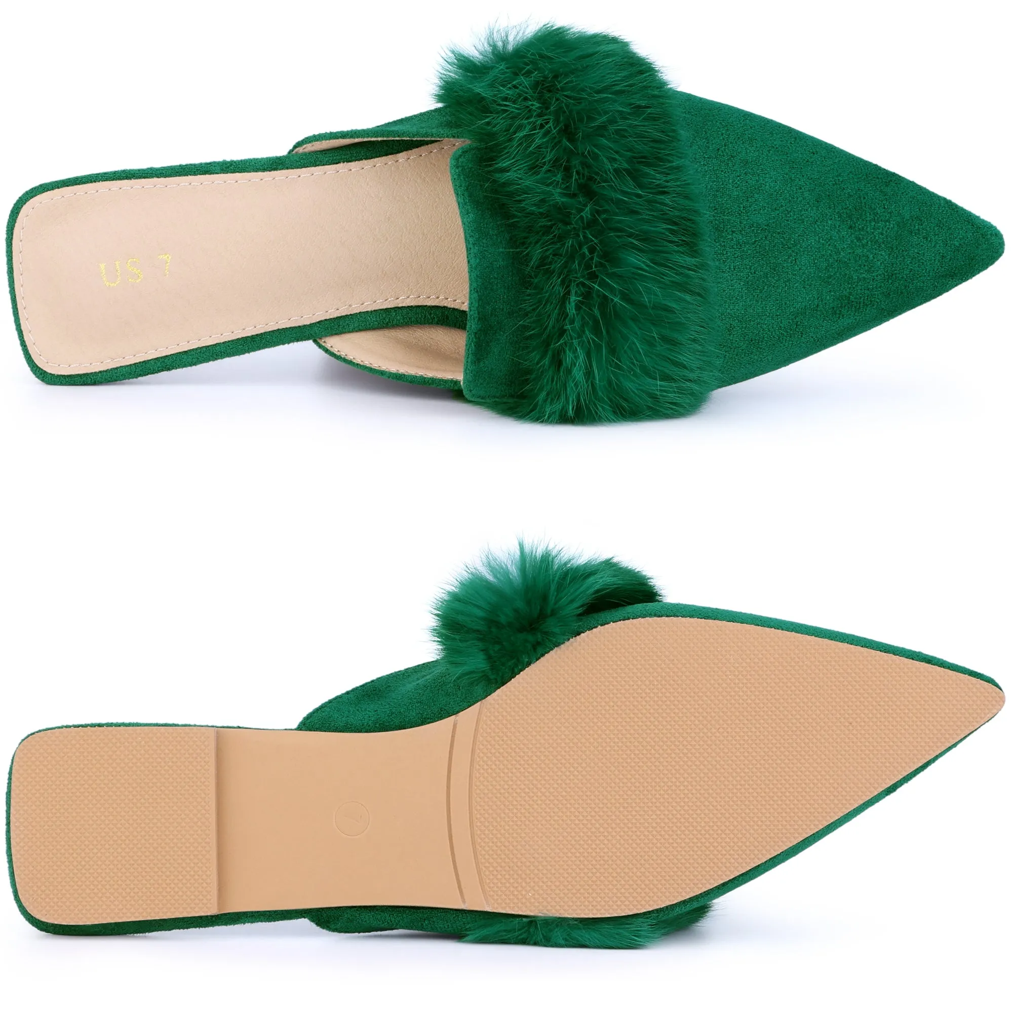Women's Pointed Toe Faux Fur Slip on Flat Slide Mules