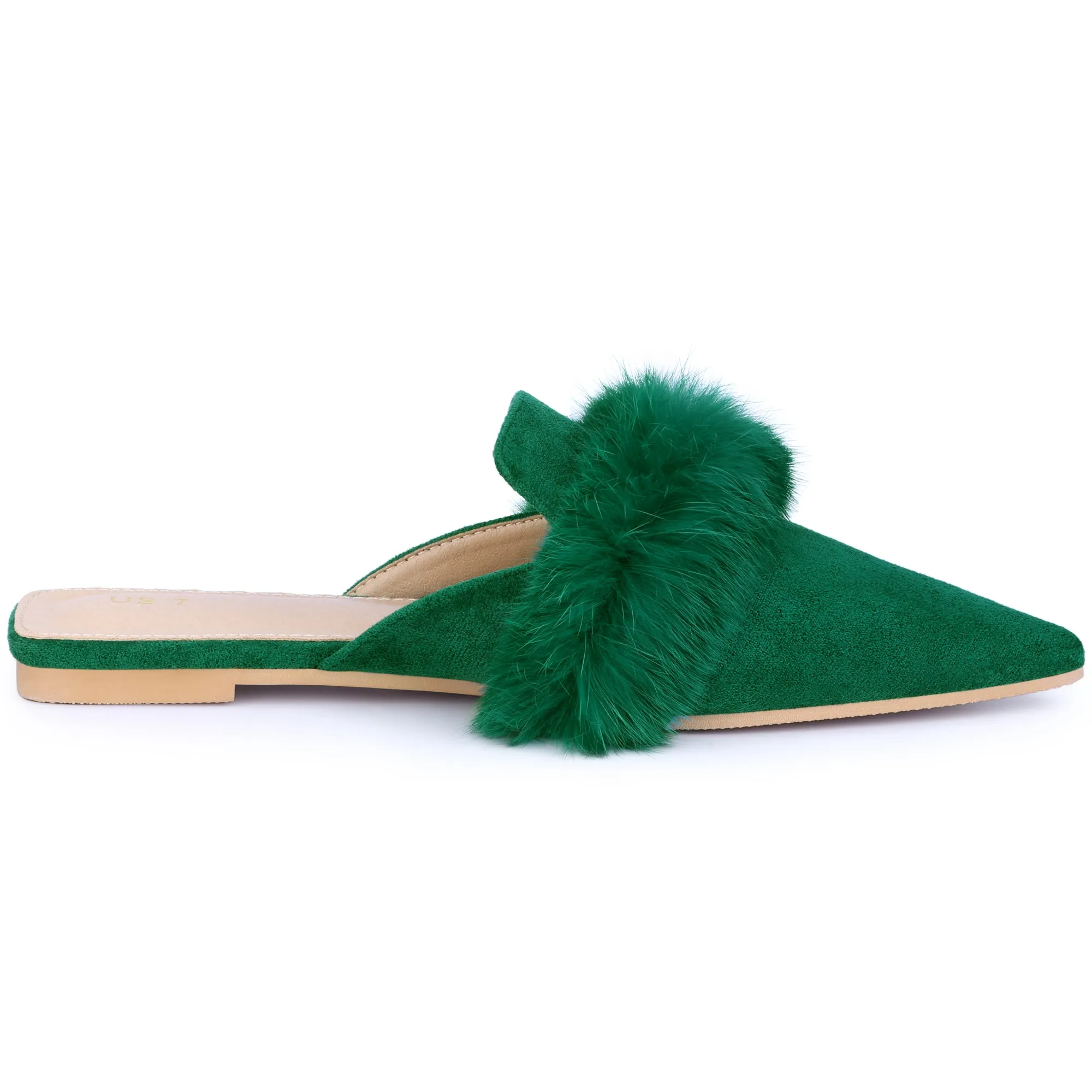 Women's Pointed Toe Faux Fur Slip on Flat Slide Mules