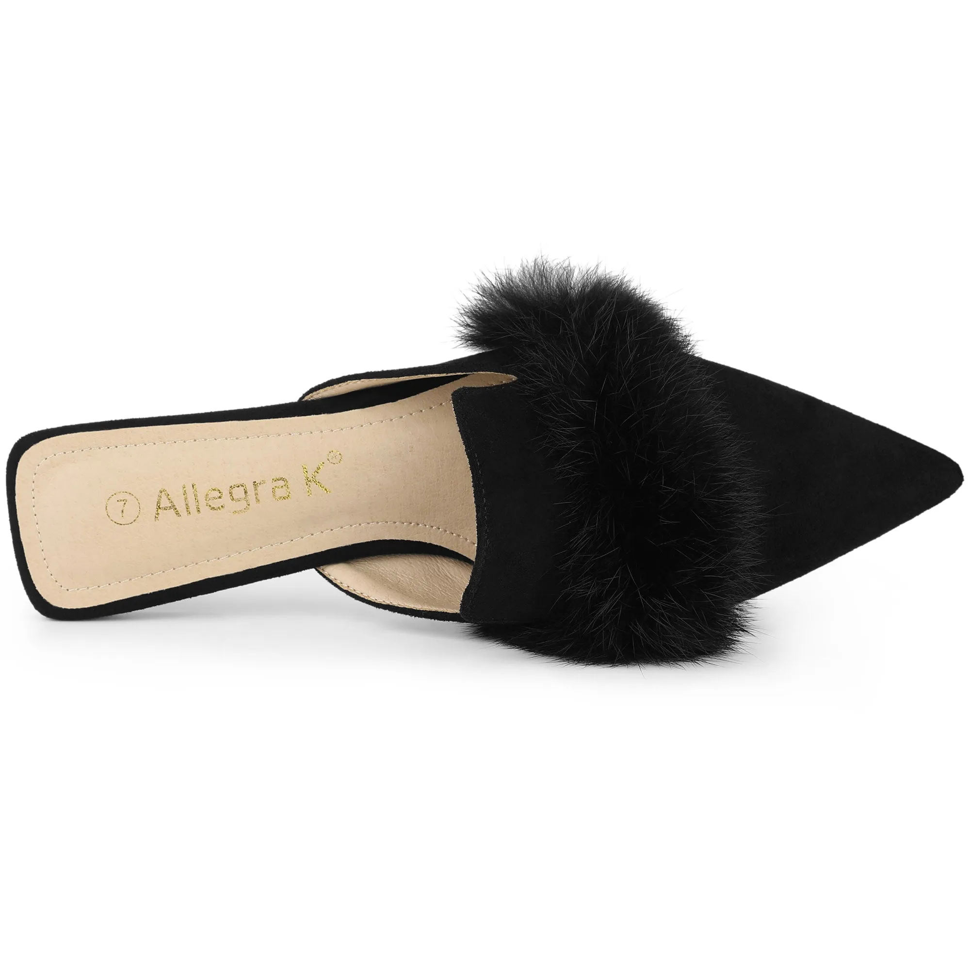 Women's Pointed Toe Faux Fur Slip on Flat Slide Mules