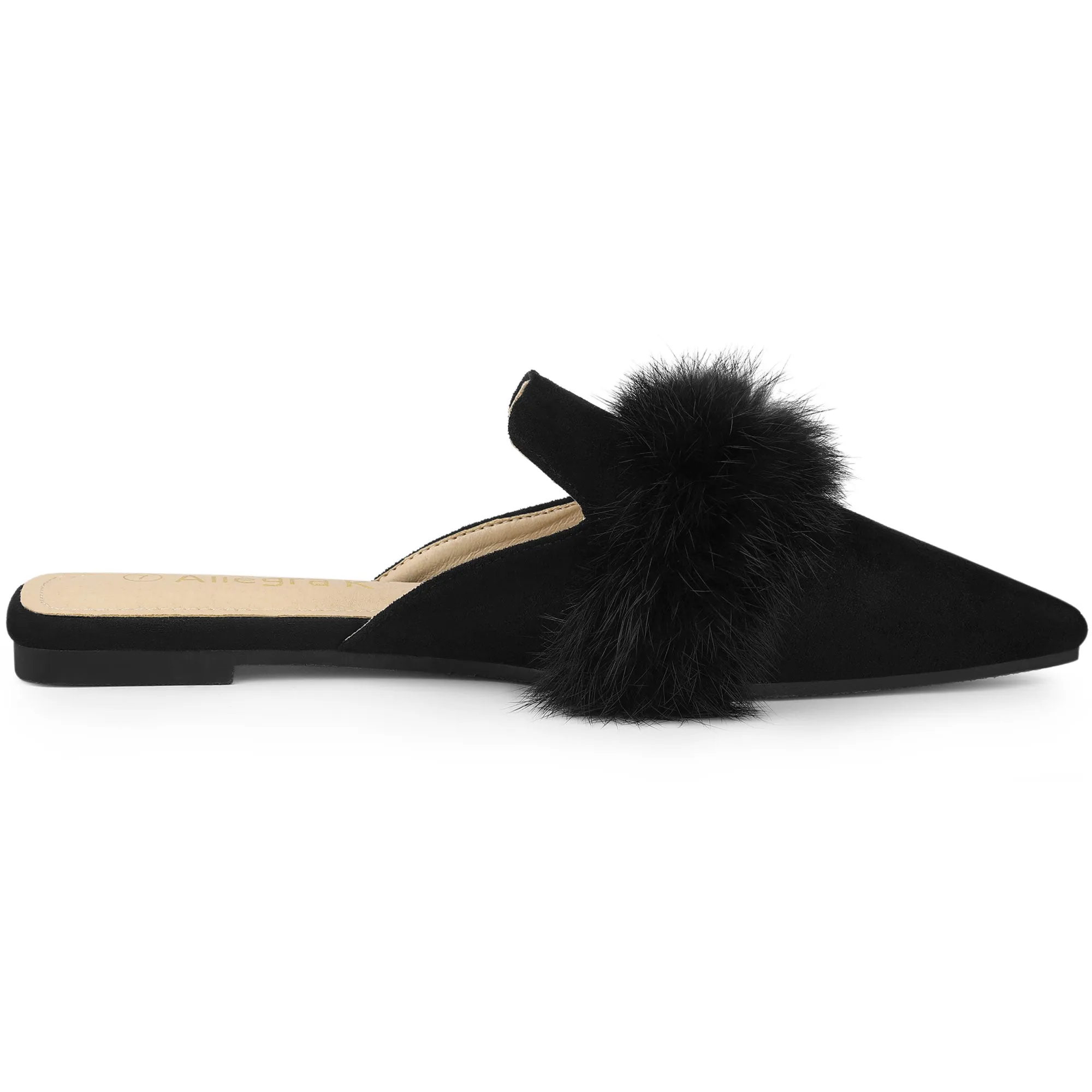 Women's Pointed Toe Faux Fur Slip on Flat Slide Mules
