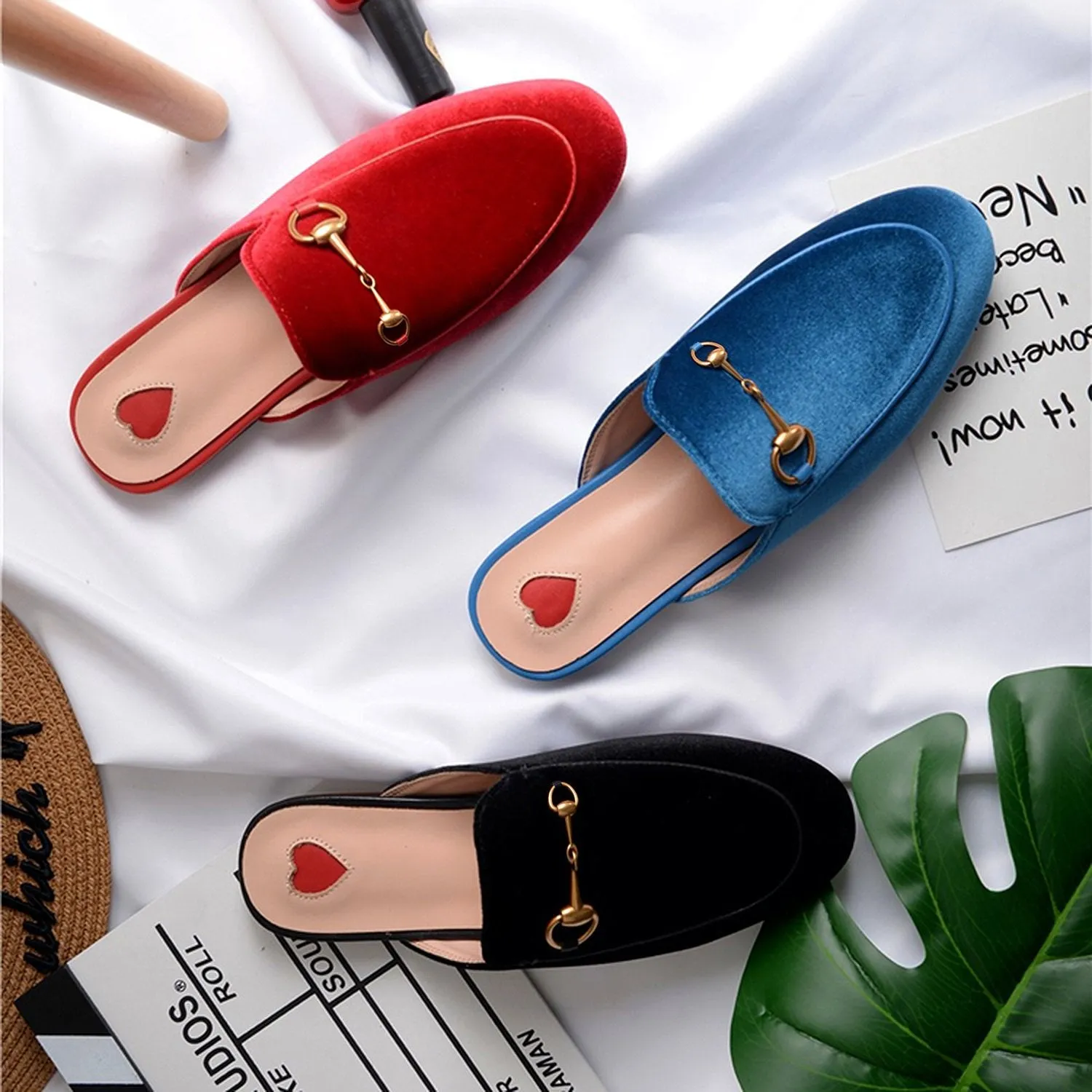 Womens Velvet Heart Oxford Slide Slip On Flat Mules