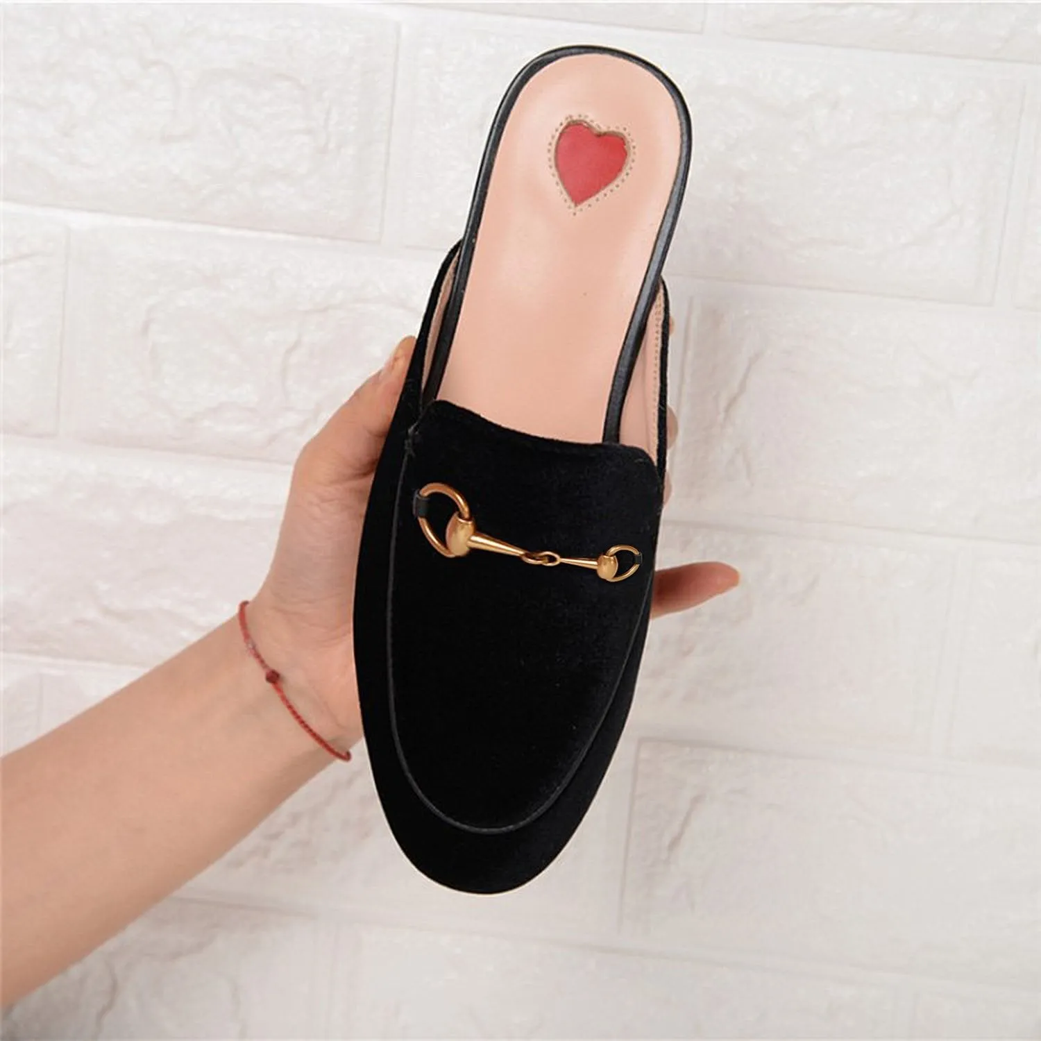 Womens Velvet Heart Oxford Slide Slip On Flat Mules
